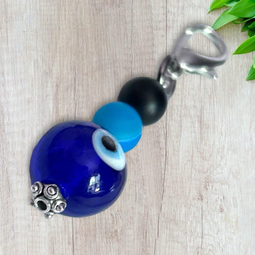 Hand Crafted Purse Pet Charm Onyx Blue Agate  Glass Ball Evil Eye Matte Star - Picture 2 of 5